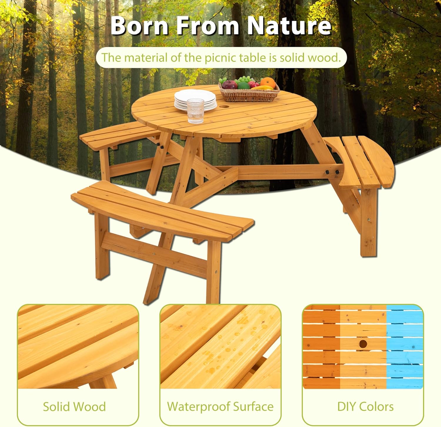 Picnic Table for 6-8 Outdoor Table and Chairs Circular Outdoor Wooden Picnic Table with Curved Benches - 35