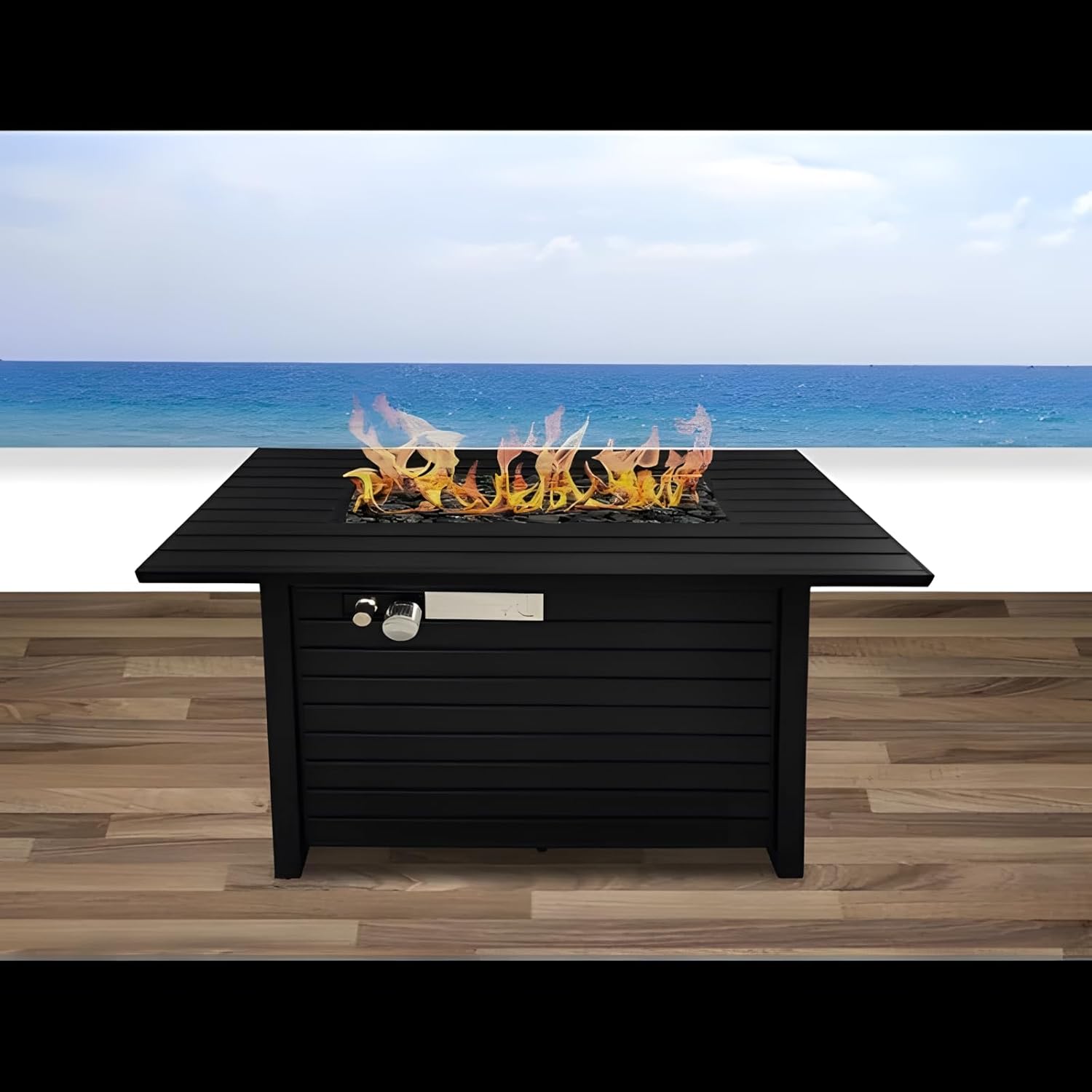 Penau Steel Propane Outdoor Fire Pit Table with Slatted Base & Accessories, 24 Inchs High, Black
