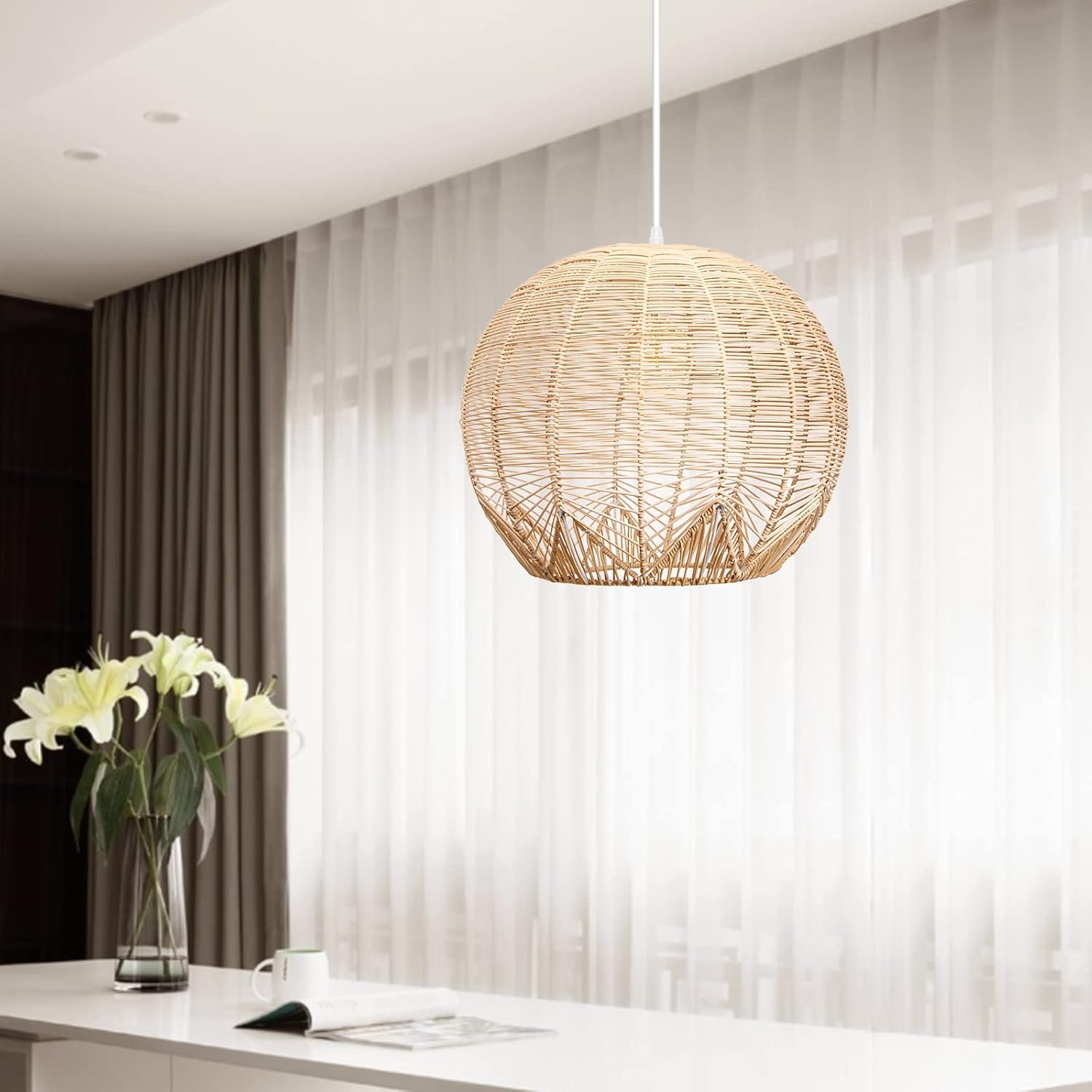 Arturesthome Rattan Pendant Light for Kitchen Island, Boho Wicker Chandelier Lighting, Handmade Woven Hanging Ceiling Light Lampshade for Living Room Bedroom