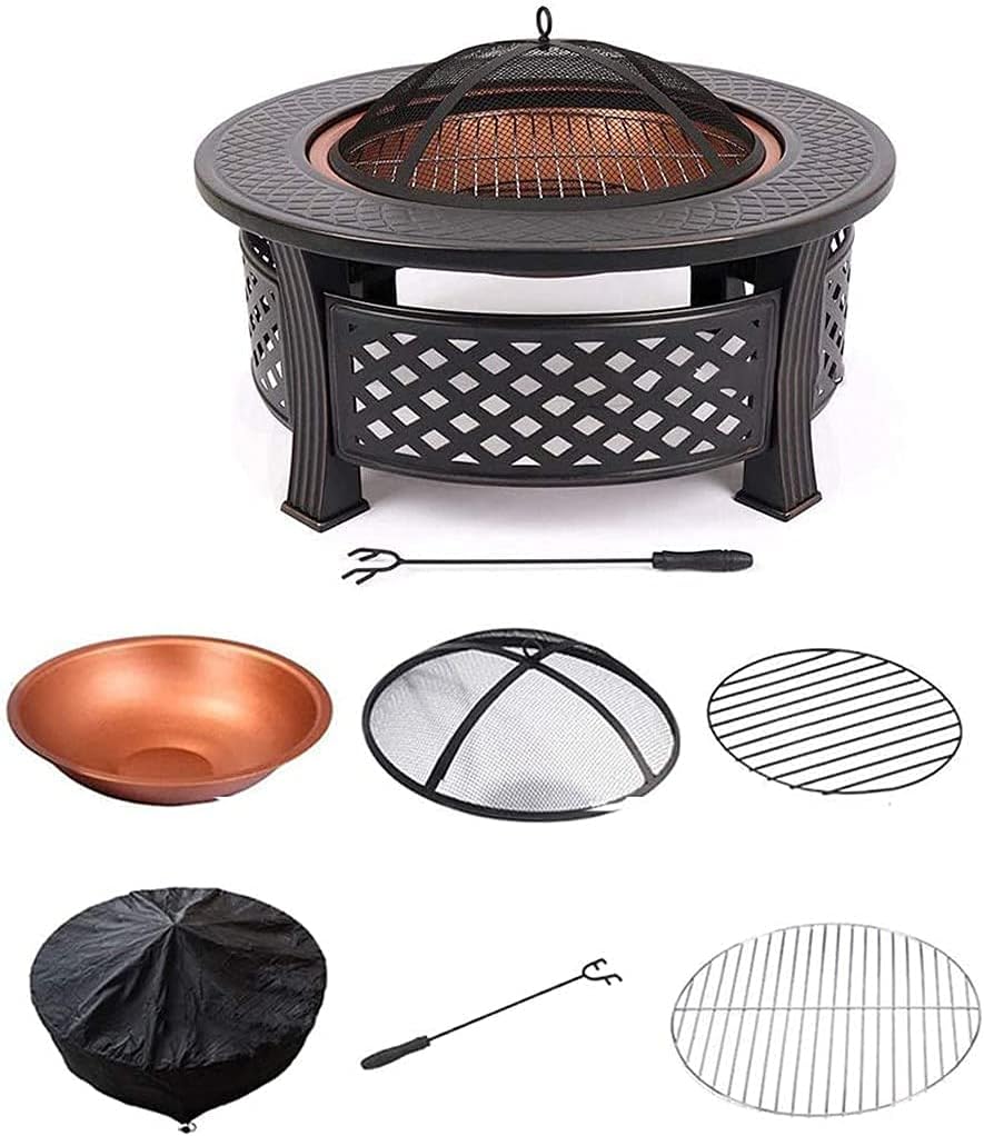 Outdoor fire Pit Bowl with Spark Screen, Firepits and Firebowls with Lid BBQ Grill Tripod Guard and Cover Round Large Patio Heater, Fire Pits Bowls for Garden Table Wood Burning Cast Iron