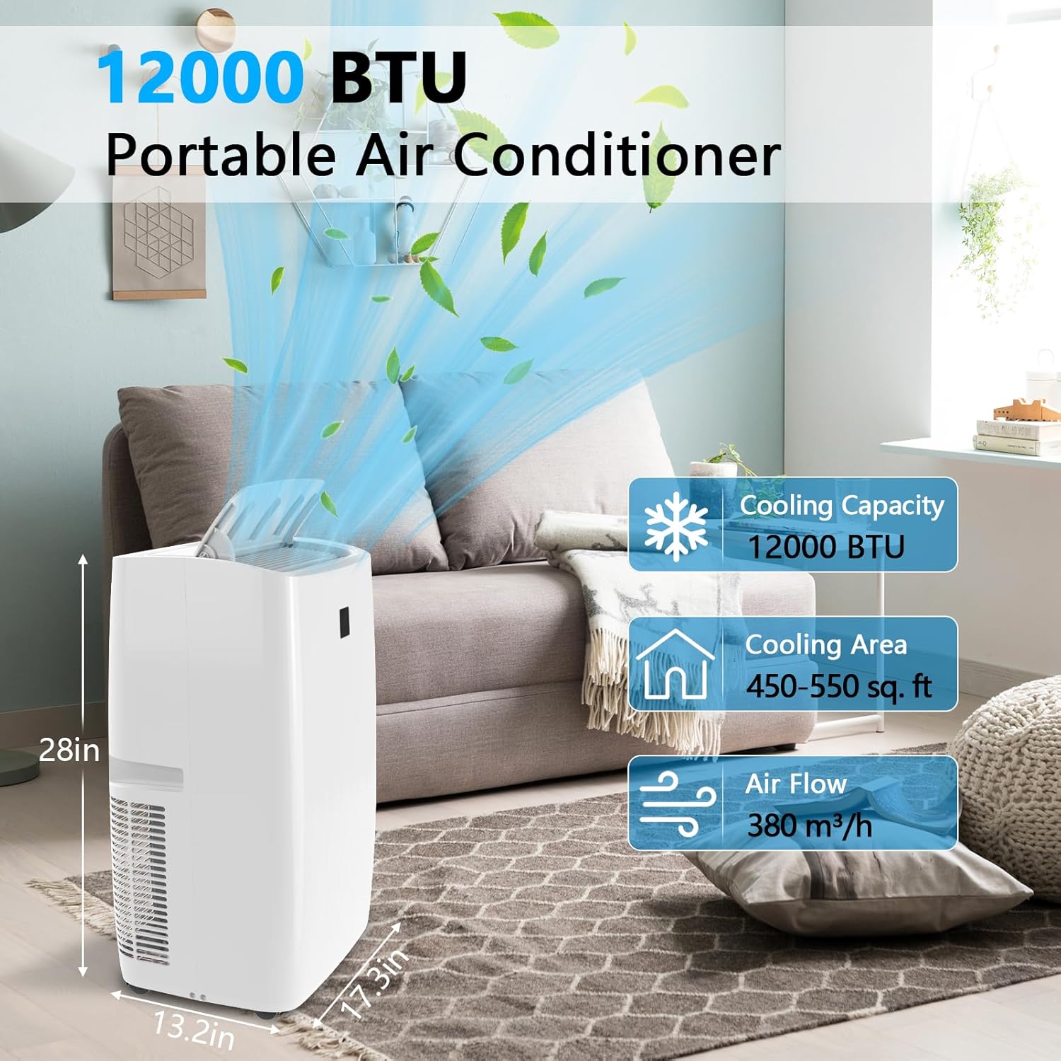 12000 BTU Portable Air Conditioner, 3-In-1 Ac Unit with Fan, Cooling & Dehumidification Modes, Air Conditioners Cool Up to 550 Sq.Ft with 24h Timer & Remote Control