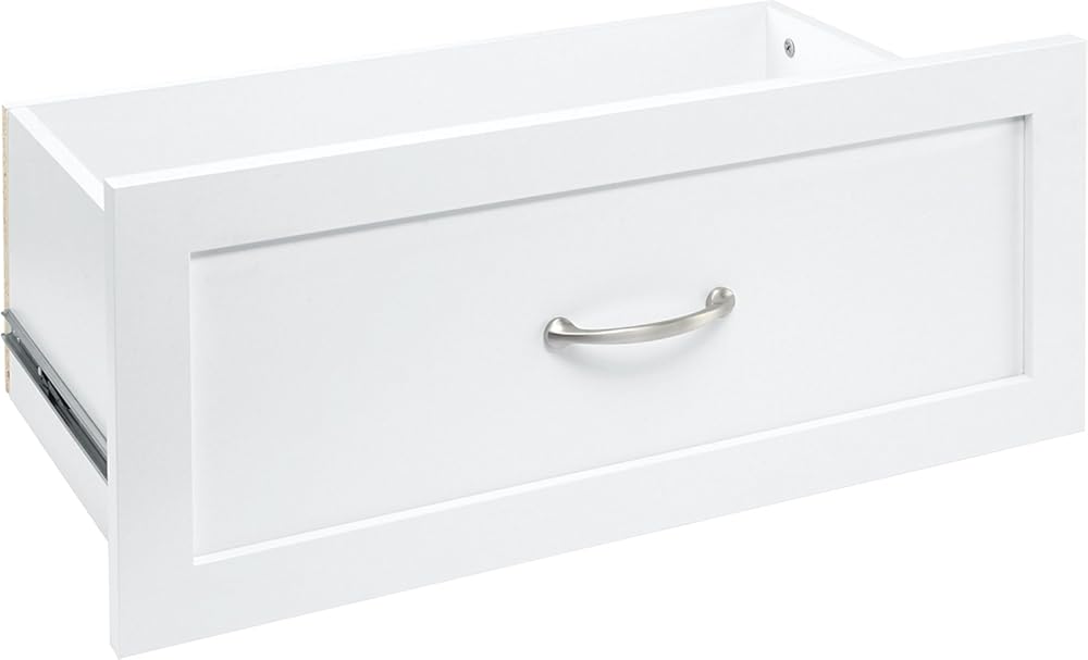 ClosetMaid SuiteSymphony Wood Closet Drawer, Add On Accessory, Shaker Style, for Storage, Closet, Clothes, 25” x 10” Size for 25 in. Units, Pure White/Satin Nickel