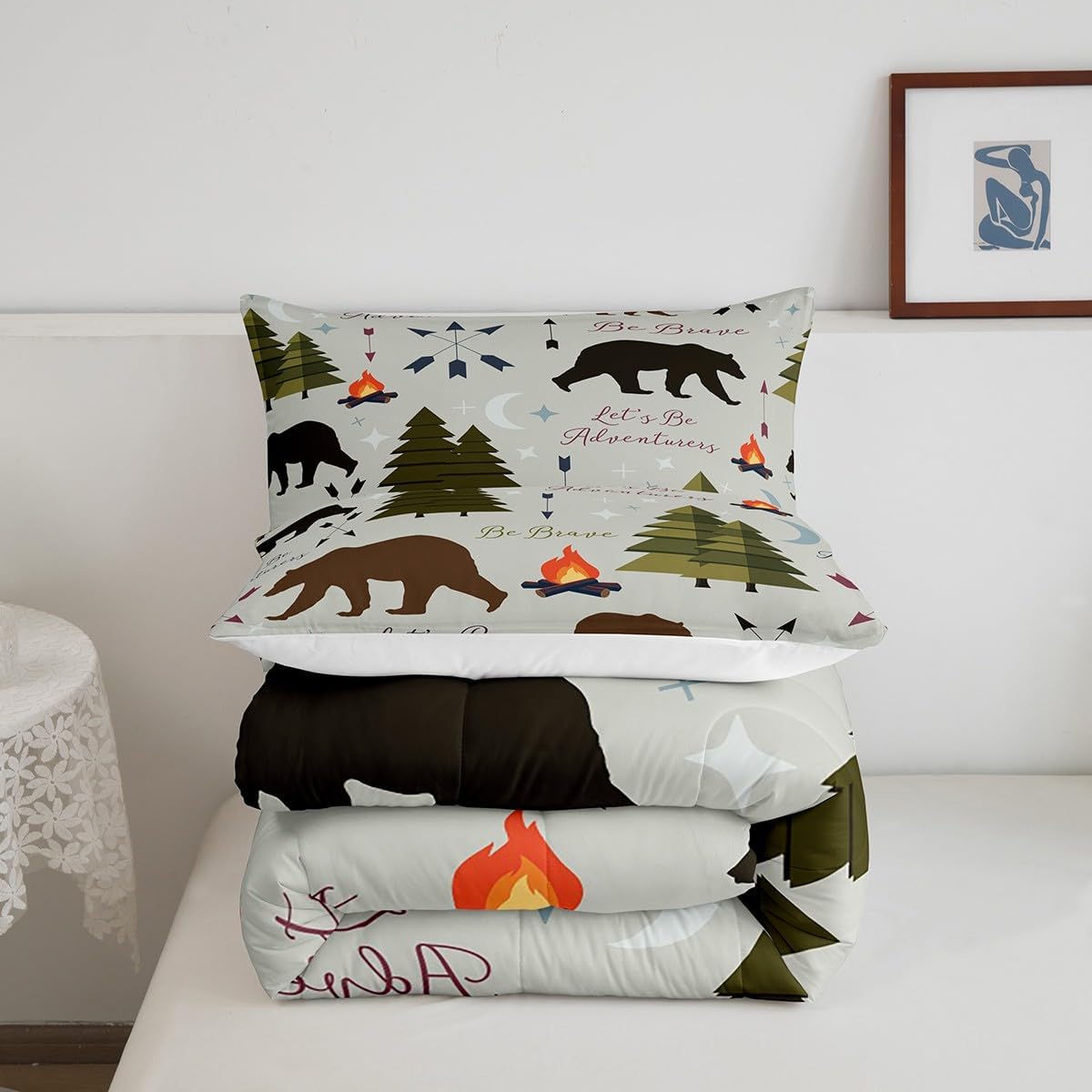 Happy Camping Comforter Set King Size Hunt Bear Pine Trees Bedding Set for Kids Boys Men Adults Cabin Room Decor Campfire Arrow Cartoon Quilt Set Wild Outdoor Adventure Duvet Insert 3pcs