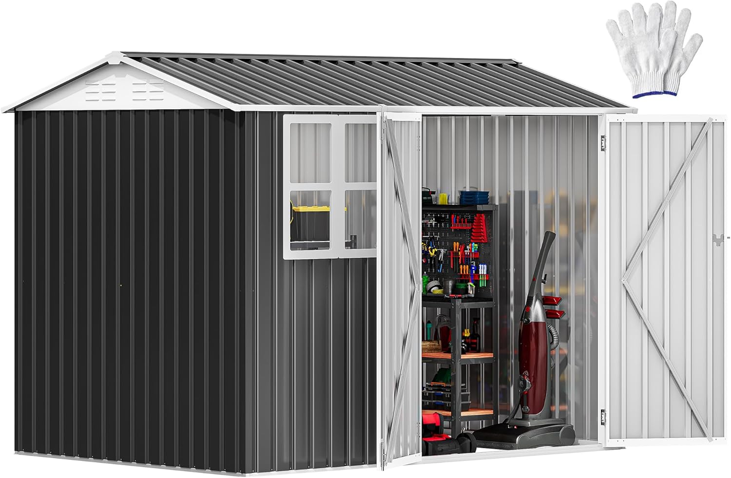 DWVO 8x6ft Metal Outdoor Storage Shed with Window, Lockable Tool Storage Sheds, Oversized Steel Garden Sheds with Sloped Roof for Backyard, Patio, Garage, Lawn (Gray + White)