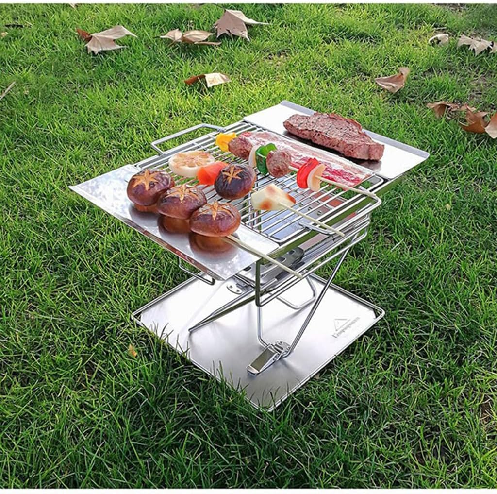 ASSICON Barbecue Fire Pit with Storage Bag, Height Adjustable Barbecue Shelf, Charcoal Grill for Outdoor Cooking Camping Beach Picnic Backyard