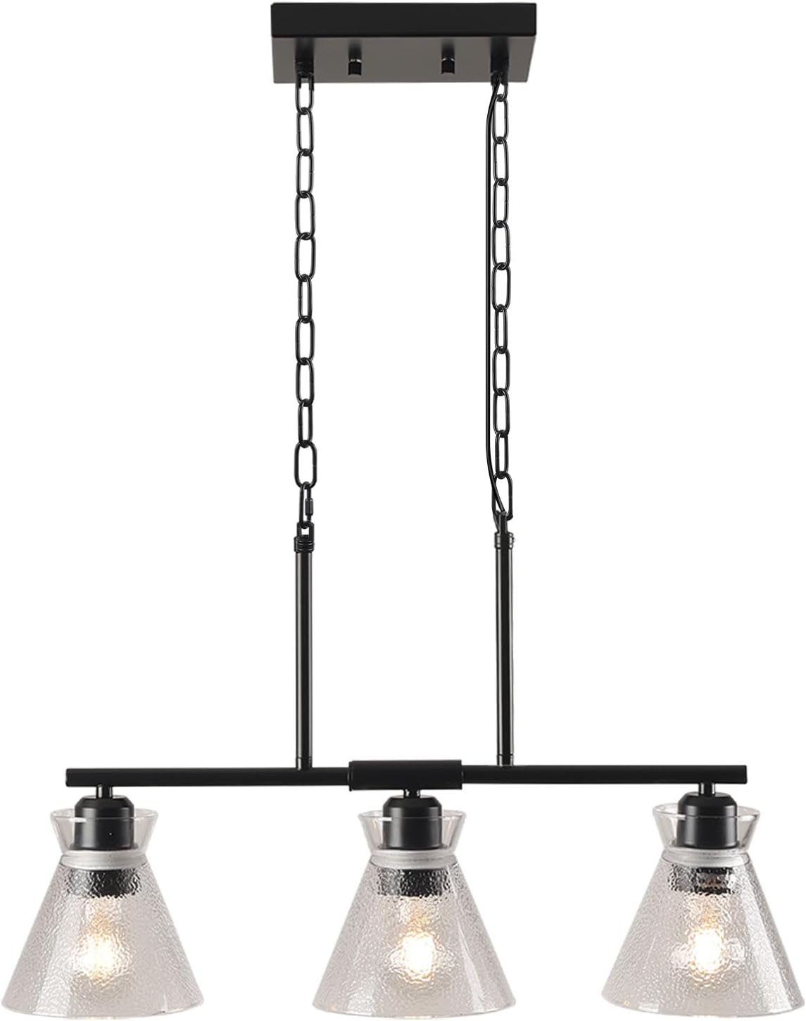Adjustable Height Dining Room Light Fixture, Black Brushed Glass Pendant Lights Kitchen Island 3-Light Linear Modern Crystal Chandelier Ceiling Hanging Light for Entryway Bedrooms Farmhouse