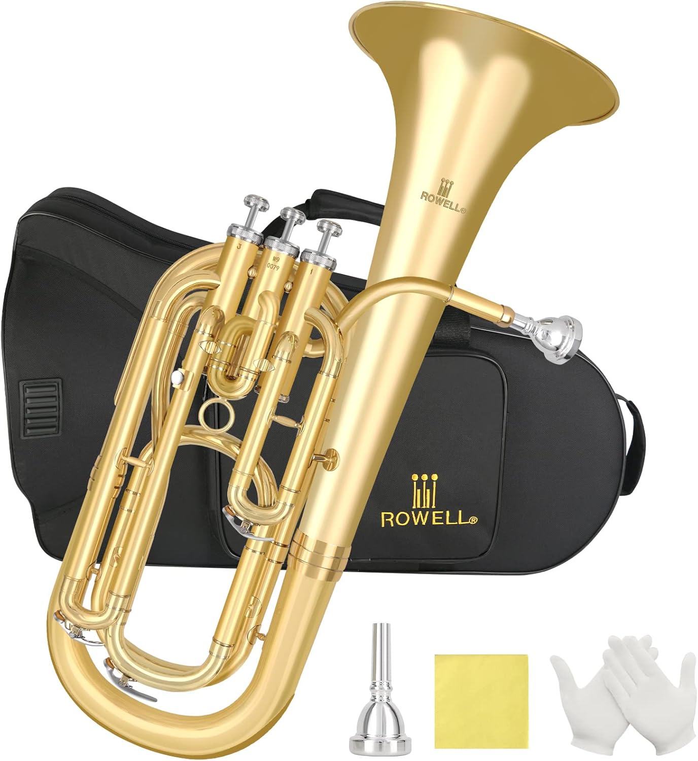 ROWELL Professional Bb Baritone Horn - 3 Valves Brass Baritone with Stainless Steel Valves Premium Case Set with Mouthpiece, Strap, Care Kit