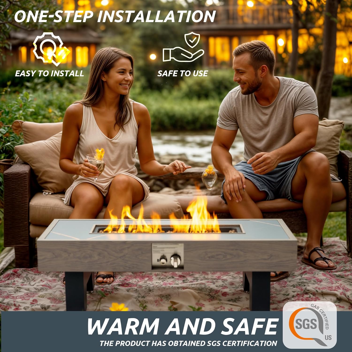 Propane Fire Pit,Outdoor Gas Fire Pit Table with Rain Cover,Rectangular Heater for Patio, Backyard, Deck,50,000BTU Outdoor Modern Patio Fire Pit (Wood)