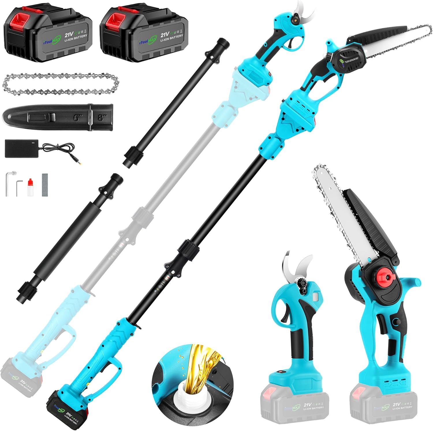 4-in-1 Cordless Pole Saw & 8 Inch Mini Chainsaw & Pole Pruner & Pruning Shears, 2×21V 3000mAh Rechargeable Batteries, Carrying Bag, Shoulder Strap, 14FT Max Reach Electric Pole Saw for Tree Trimming