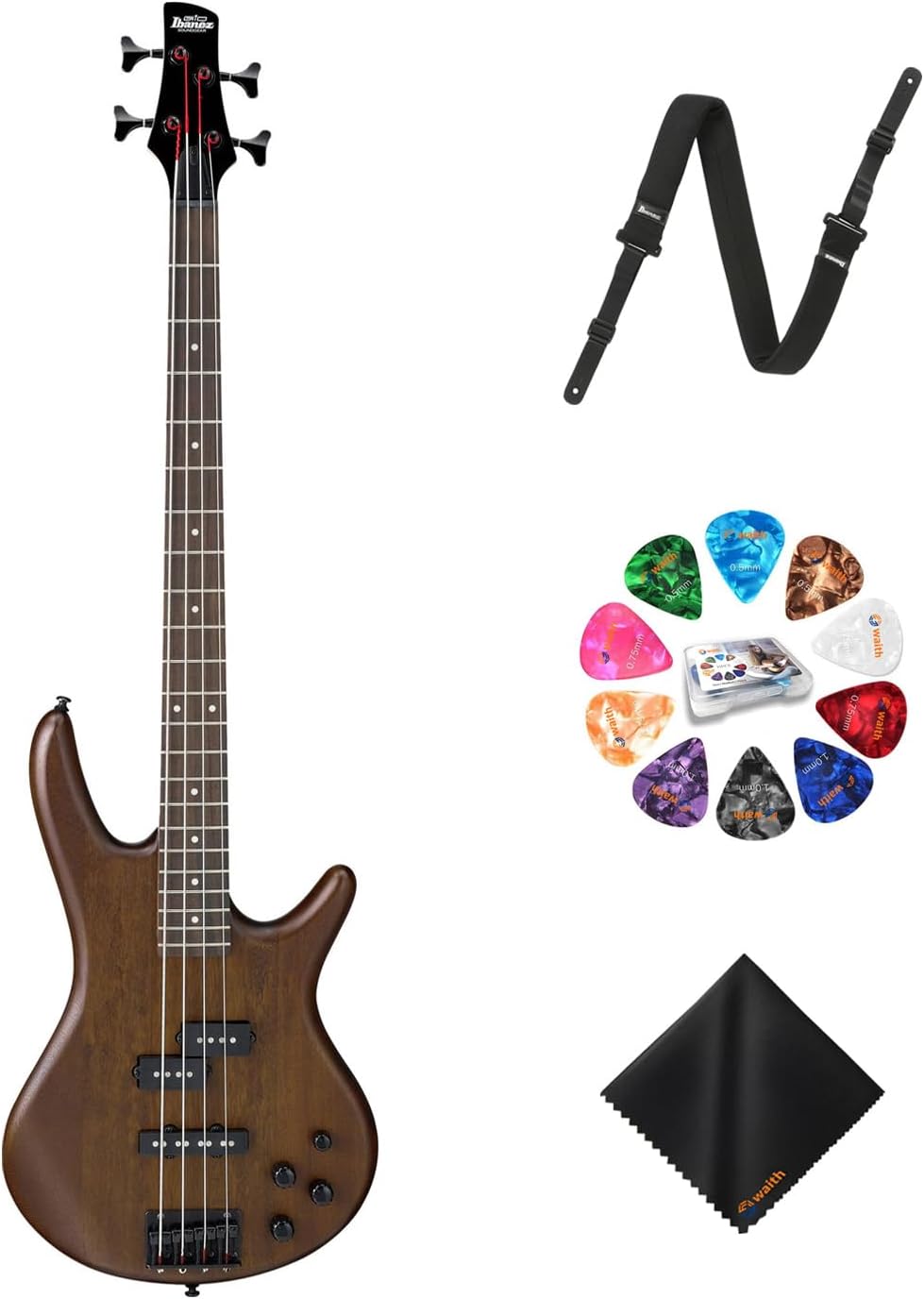 Ibanez GSR200B 4-String Bass Guitar (Walnut Flat) - Right Handed Nyatoh Body Bass with GSF50 Powerpad Strap, 15 Pack Guitar Picks with Storage Box & Microfiber Cleaning Cloth (Bundle Set)