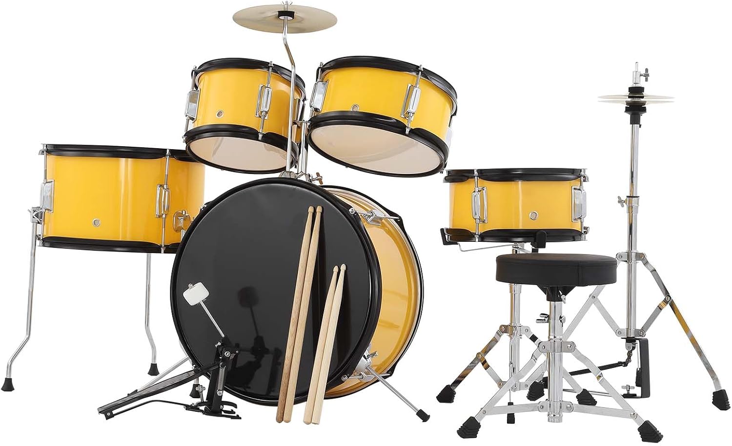 Senfot Drum Set for Musical Instruments, AD-300 Five Piece Drums with Bass Drum, Tom-Tom, Snare, Cymbals, Hi-Tone Drum, Sticks, Base Pedal and Stool, Beginner Set (Yellow, 5-Piece)