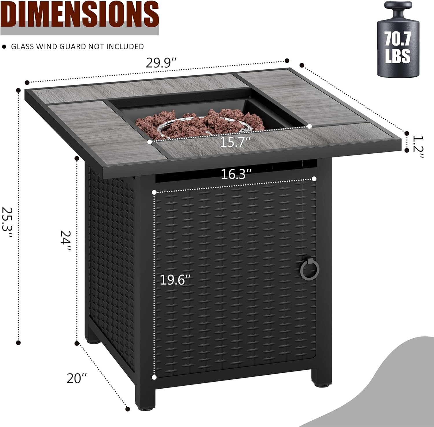 Vongrasig 30 Inch Propane Fire Table, 50,000 BTU Outdoor Gas Fire Pit Table, Square Tabletop with Lid,Lava Rock,Rain Cover for Outside Paito,Garden,Backyard (Grey Top)