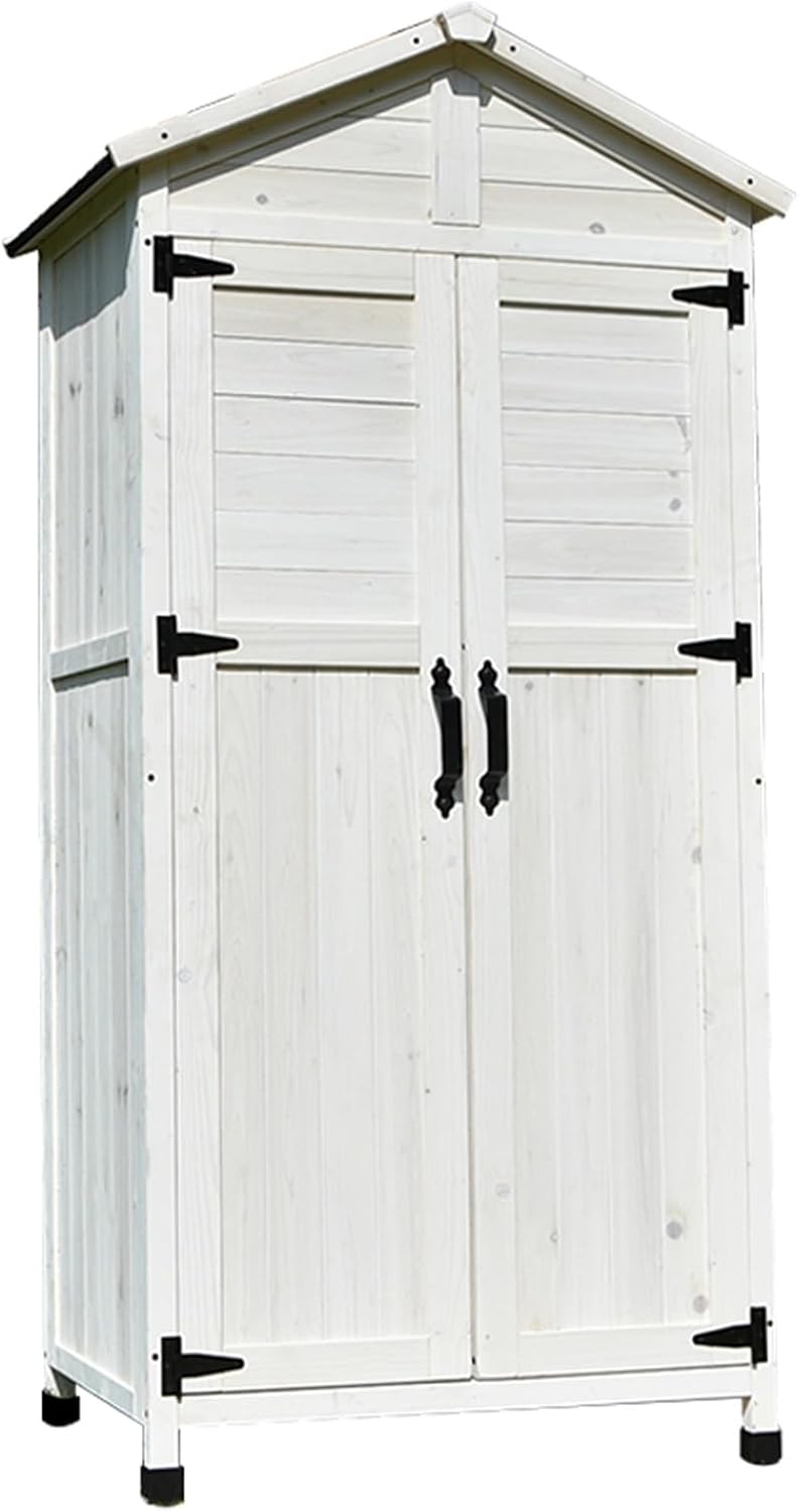 Outdoor Storage Shed Cabinet, Storage Cabinet with Waterproof Asphalt Roof, Double Lockable Doors, Garden Tool Sheds Organizer W/Shelves, Hooks and Lockable Door (One Color White)