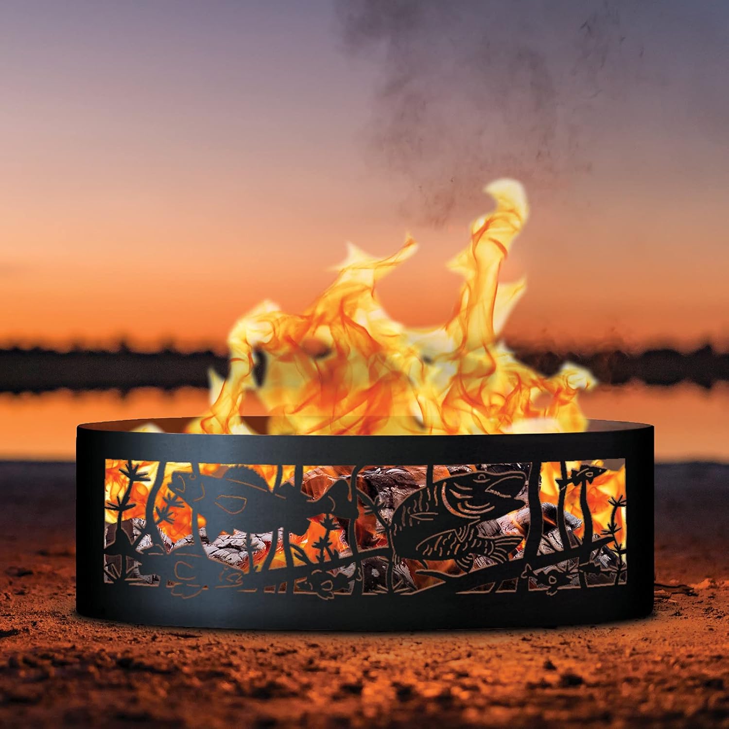 PD Metals FH01237-FP Fishing Hole Unpainted 12 in. Tall 37 in. Diameter Outdoor Fire Ring with Fire Poker - 37 x 37 x 12 in. - Rustic Black Color