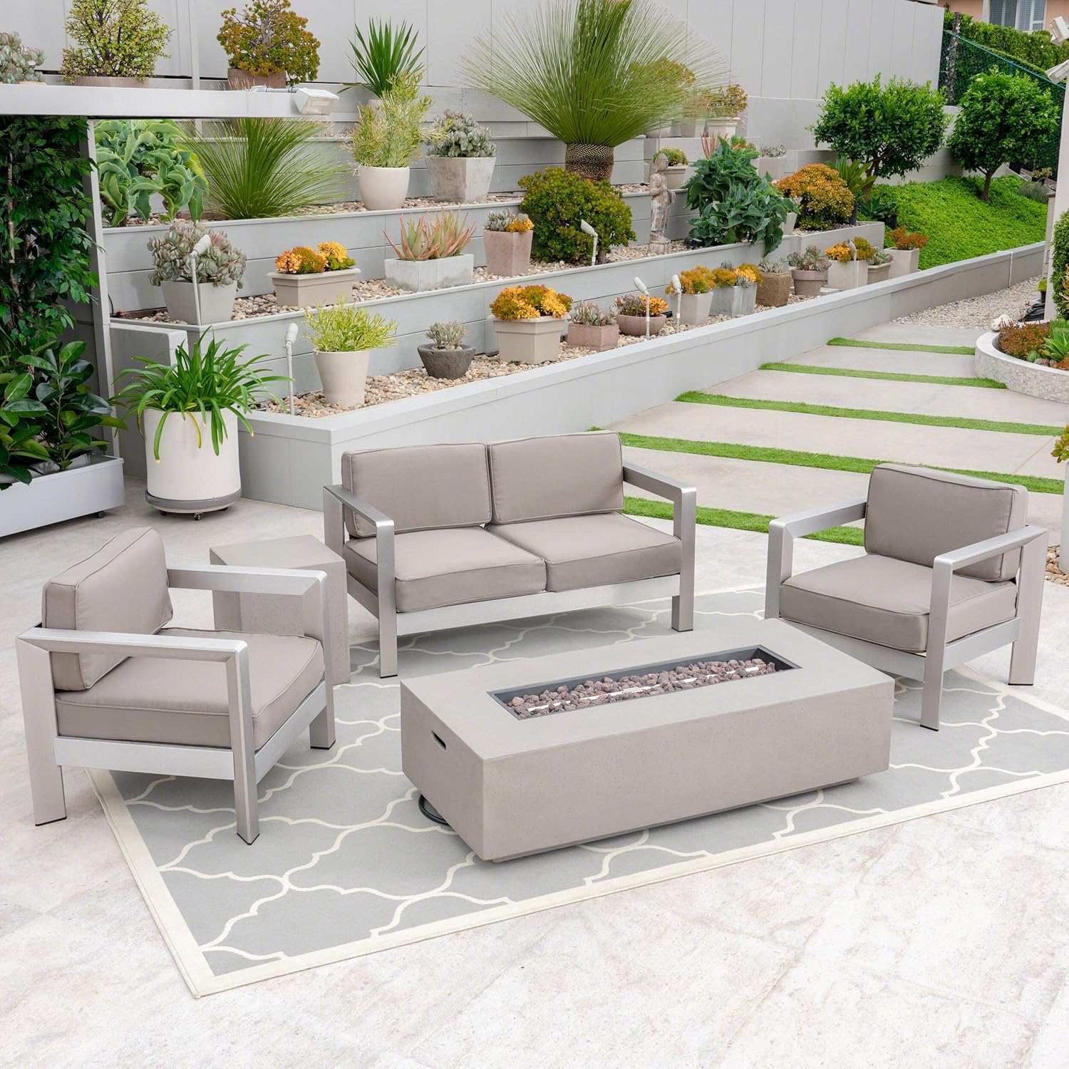 Great Deal Furniture GDFStudio Outdoor 4-Seater Aluminum Chat Set with Fire Pit and Tank Holder, Silver with Khaki and Light Gray