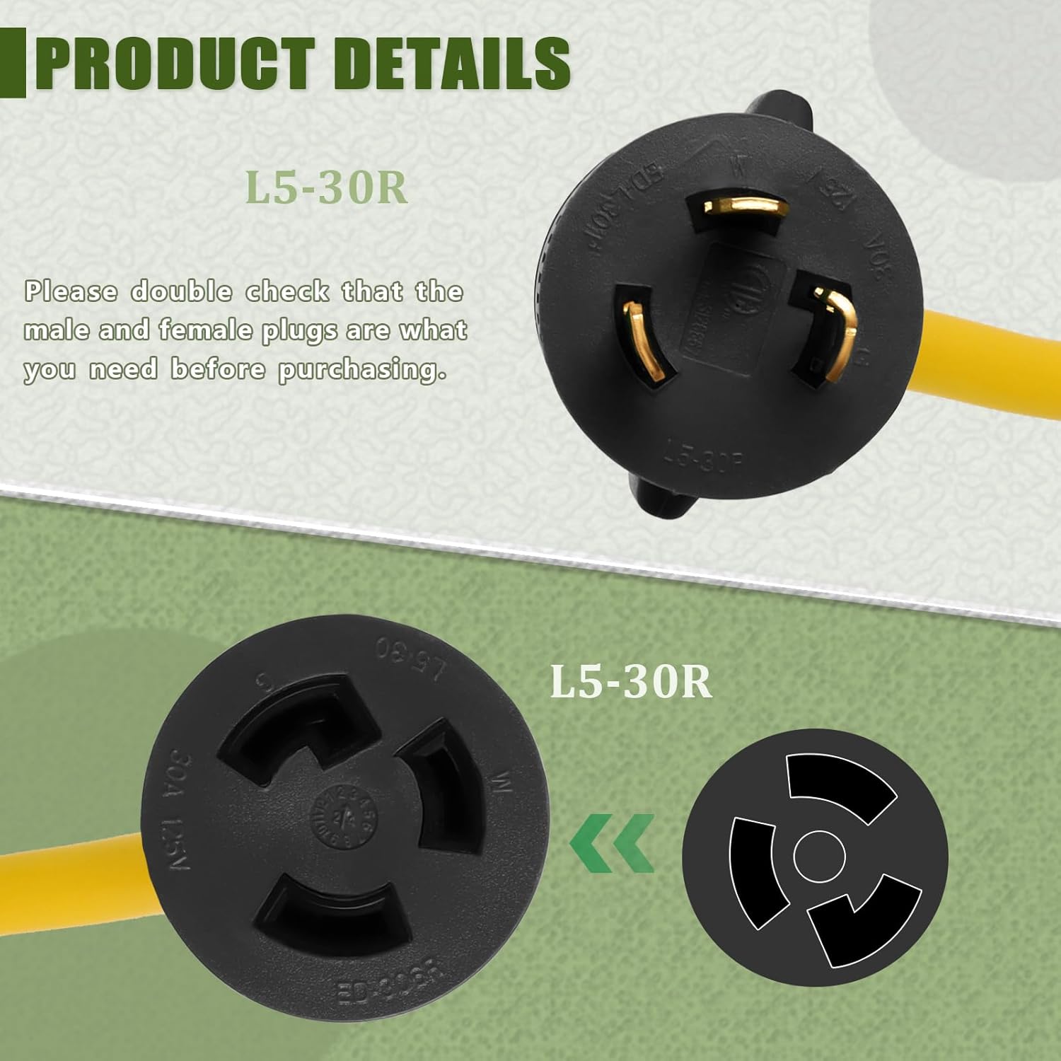 Wadoy 3 Prong Generator Cord 30 Amp, Yellow SJTW 3X10AWG Generator Power Inlet Box and 25Ft Generator Power Extension Cord NEMA L5-30P to L5-30R 125V, 3750W Power Inlet Organizer Combo Kit ETL Listed