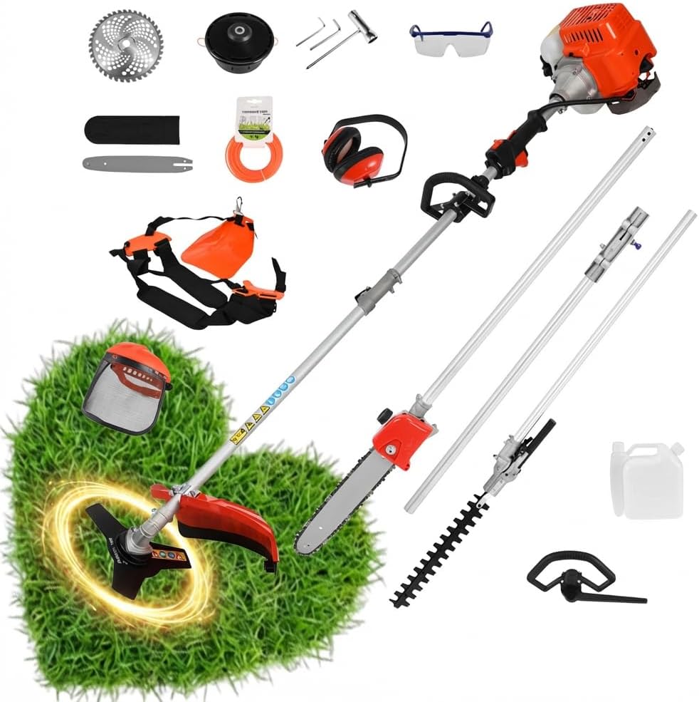 2026 New 5-in-1 Gas Weed Wacker, 52cc 2-Stroke Lawn Mower Hedge Trimmer Pruners Gas Powered Brush Cutter, Handheld Weed Eater for Garden Yard Lawn Orange (Orange)