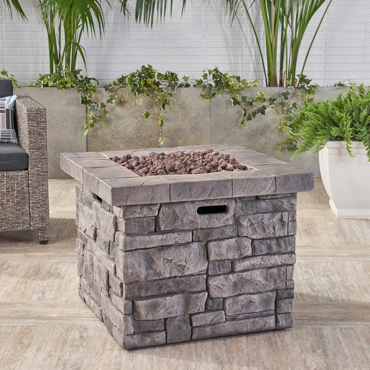 Penau 30 Inch Outdoor Square Propane Fire Pit - 40,000 BTU Grey, Durable MgO Construction, Hand Crafted Details, No Assembly Required