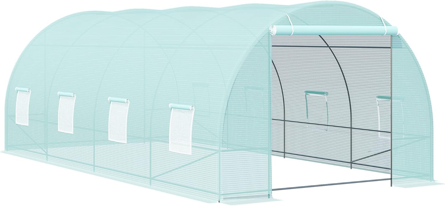 Outsunny 20' x 10' x 7' Walk-in Tunnel Greenhouse with Zippered Door & 8 Mesh Windows, Large Garden Green House Kit, Galvanized Steel Frame, Green