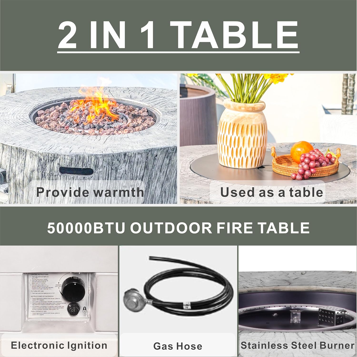 2 in 1 Outdoor Fire Table with 50000 BTU Burner, 40