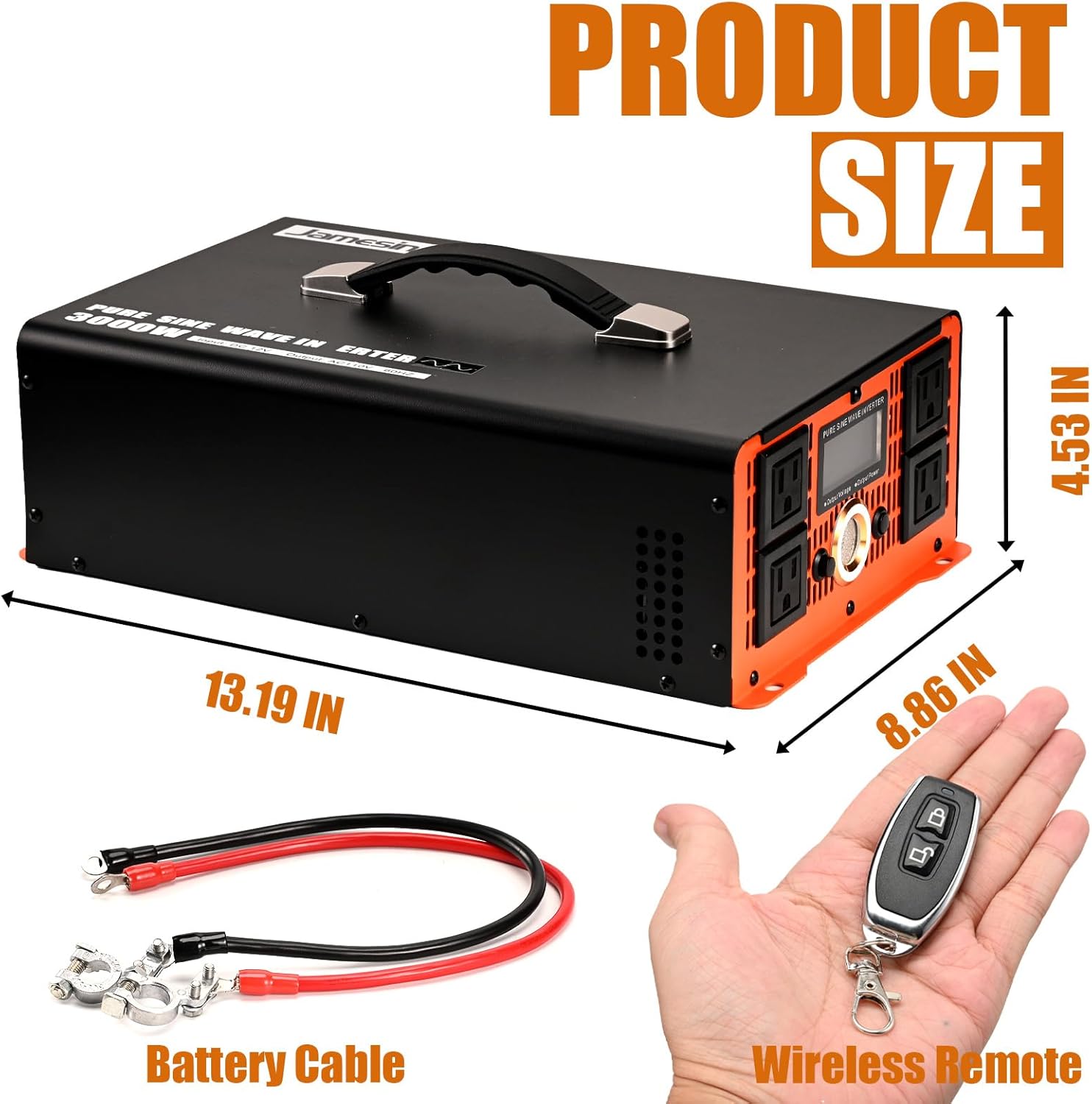 Jamesin Pure Sine Wave Inverter 3000 Watts, 6000 Watts Peak Power, 12 VDC to 110/120 VAC with LED Display for Home, Truck, Car, RV, Residential Solar Systems