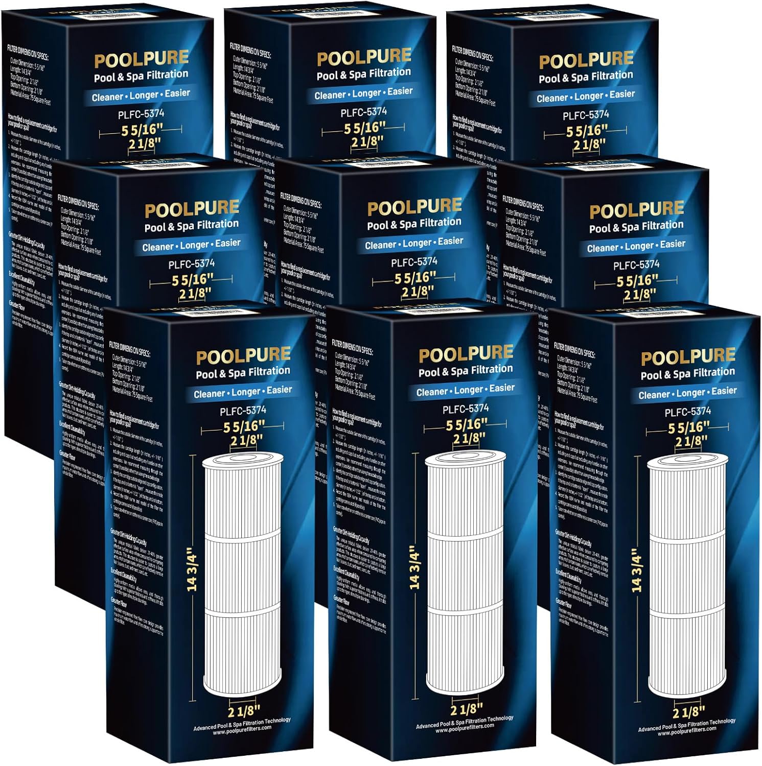 POOLPURE Pack of 9 C-5374 Spa Filter Compatible with Unicel C-5374, Pleatco PLBS75, Filbur FC-2971, 107092, R173600, 303433, 817-0015, Leisure Bay S2/GS Spa 75 sq.ft Hot Tub Filter Cartridge