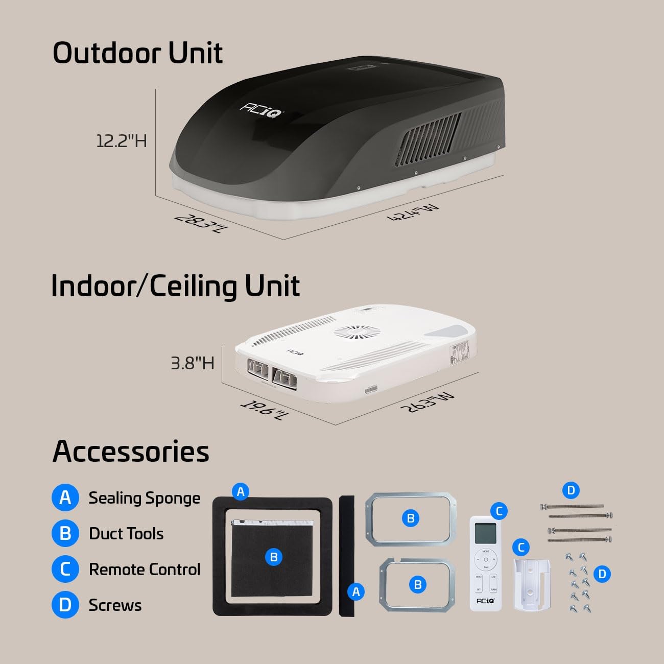 ACiQ 15,000 BTU RV Air Conditioner with Heat Pump Non-Ducted - 115V Black Roof Top AC Unit | 1.25 Ton Cooling & Heating for Camper, Motorhome, Travel Trailer
