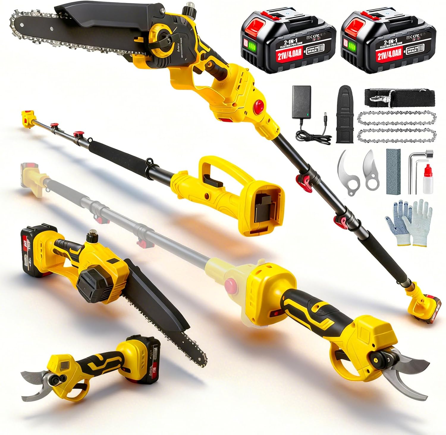 4-in-1 Cordless Pole Saw & Pruning Shear, Brushless Electric 8-Inch Mini Chainsaw & Pole Pruner with 2 x 4000mAh Battery Powered, Angle Adjustable / 16-Foot MAX Extension Pole for Tree Trimming