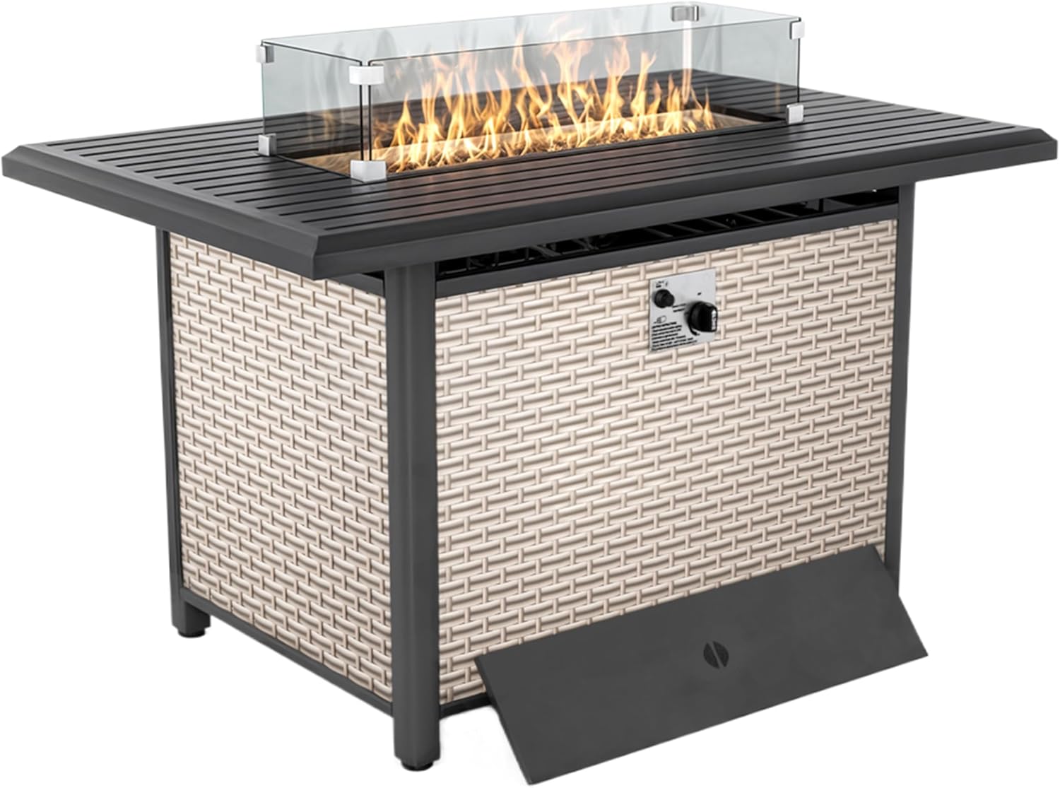 43 Inch Outdoor Propane Fire Pit 60,000 BTU Gas Fire Pits for Outside Patio with Steel Lid and Glass Wind Guard, 2-in-1 Firepit Table & CSA Certification, Grey Rattan