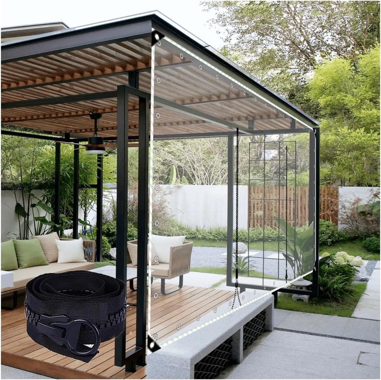 Outdoor Tarp Curtains with Zipper Door,Clear Tarps with Grommets, 0.5mm Heavy-Duty Tarpaulin,for Porch Canopy Outdoor Tent Cover, with Washer，Customizable (Size : H2.8xW10m/H9.1xW32.8ft)