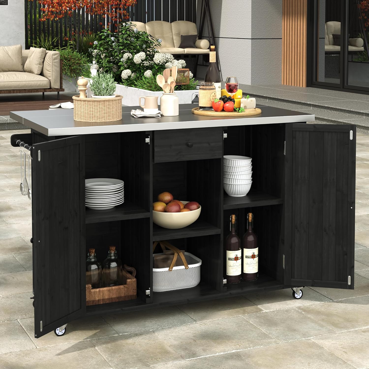 LUMISOL Outdoor Grill Table with Stainless Steel Top, Fir Wood Outdoor Kitchen Island with Ample Storage Space, Farmhouse Rolling Bar Cart with Spice & Towel Rack, and a Bottle Opener, Black