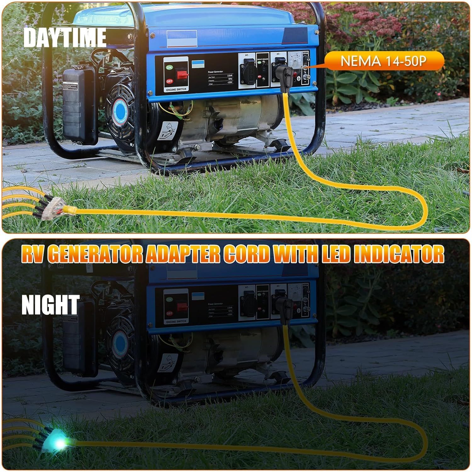 25 ft Flat Rv Generator Adapter Cord Compatible with Nema 14-50p to 4 x 5-20r/5-15r, 50a to 110v 15/20 a Household Outlet Adapter, 4 Prong 10 Gauge Rv Generator Extension Cord, Etl Listed