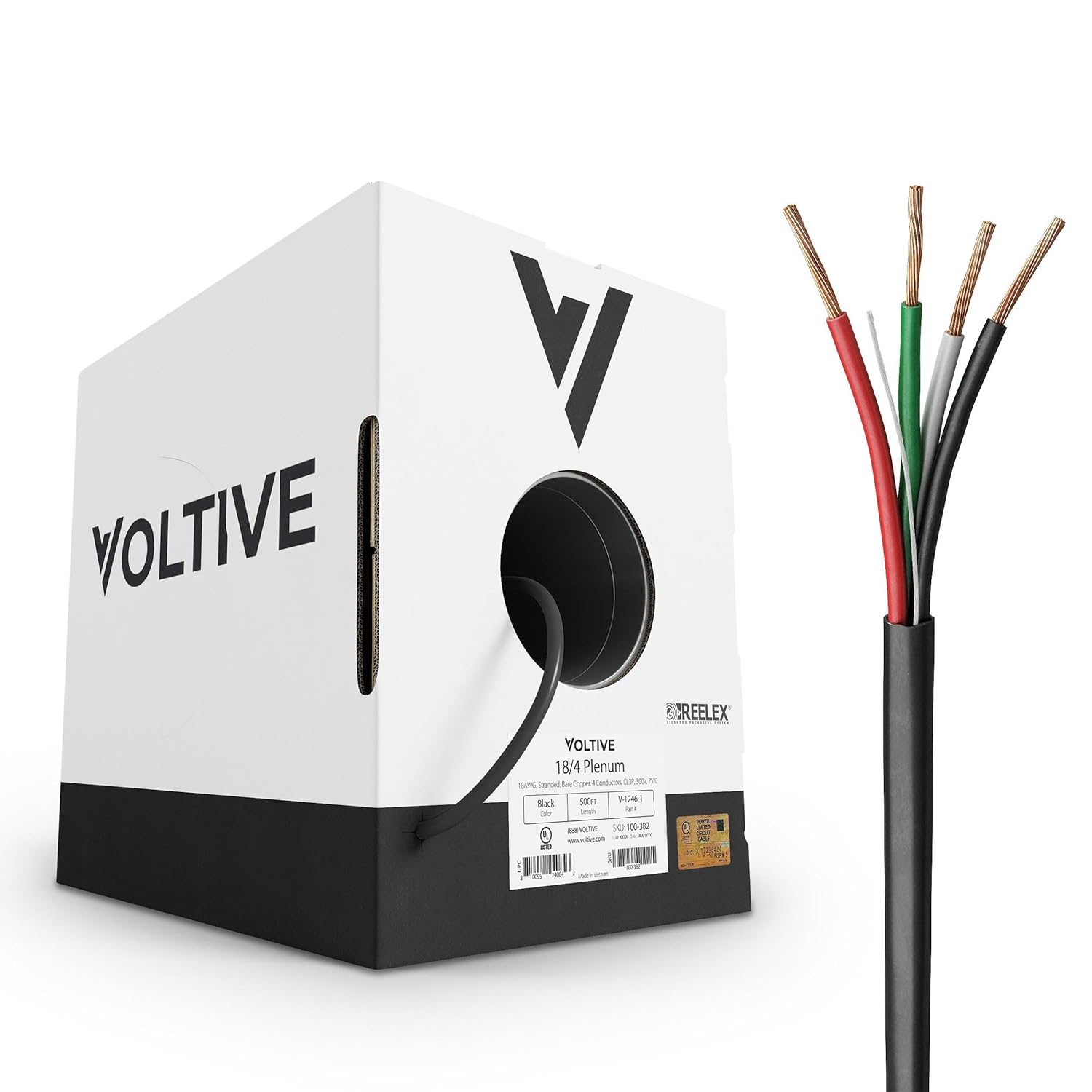 Voltive 18/4 Plenum Speaker Wire, 500ft, Black - V-1246-1 - 18AWG, 4 Conductors, Stranded Oxygen-Free Copper, CL3P Plenum Rated, UL Listed