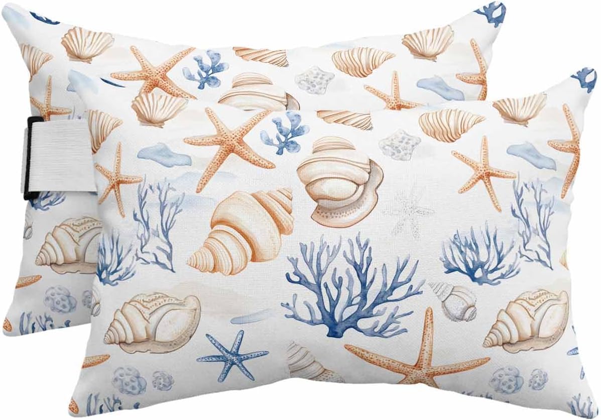 Outdoor Pillow for Chaise Lounge Chair Coral Starfish Shell Waterproof Lumbar Pillow with Insert Marine Life Headrest Pillow with Adjustable Elastic Stripe for Recliner Beach Garden Patio 12x20 Inch