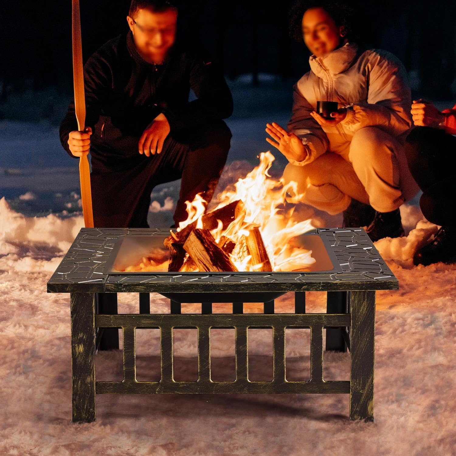34in Fire Pit Table Outdoor Fire Pits Square Steel Stove with Mesh Screen, Waterproof Cover Poker for Outside Patio Bonfire Camping (Bronze)