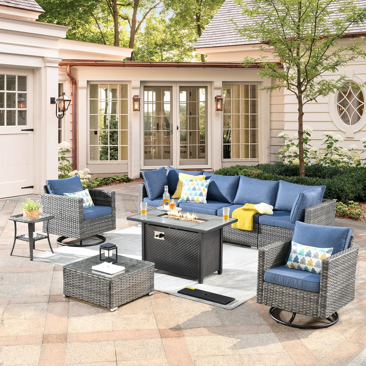 Weaxty 8 Pieces Outdoor Patio Furniture Set,Wicker Outdoor Sectional Furniture with 42-inch Fire Pit Table,Rocking Swivel Chairs,Coffee Table for Garden, Patio (Denim Blue)