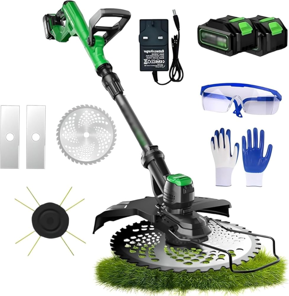 Garden Cordless Strimmer with 3 Types of Blades,Electric Brushless Grass Strimmer with Gloves, Goggles,2 x 3000mAh Batteries, 1-30cm Retractable Lawn Mower, for Garden Lawn