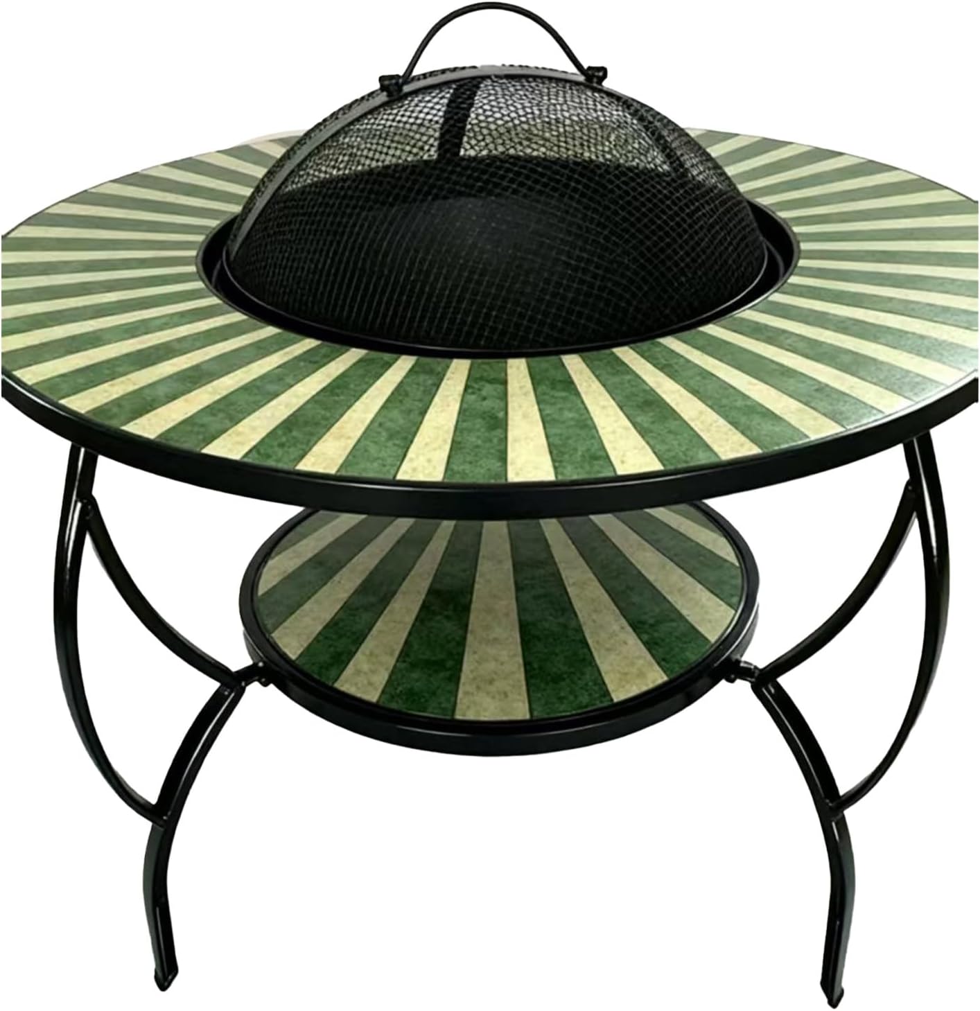 Artisan Home Decor Mosaic Fire Pit Table with Mesh Cover, Yellow and Green Tile Pattern, Metal Frame, 2-Tier Design, Freestanding Customized (Color on The Picture)