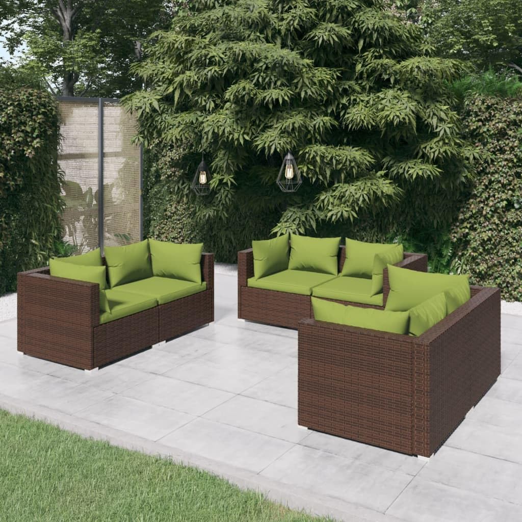 6 Piece Patio Lounge Set with Cushions Poly Rattan Brown Patio Furniture, Outdoor Furniture Sets