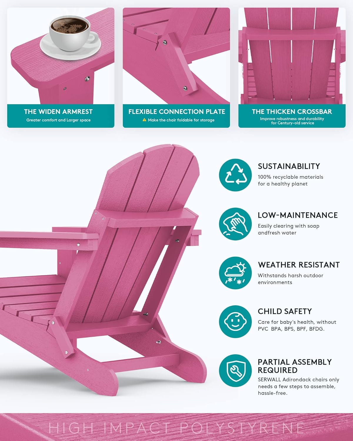 SERWALL Adirondack Chair for Patio Garden Outdoors Fire Pit- Hot Pink