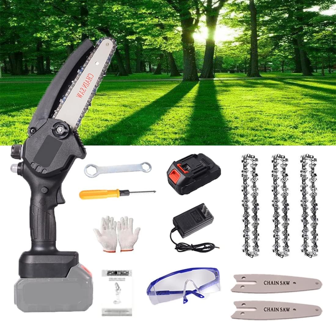 Mini Chainsaw,24V 6 Inch Cordless Battery Powered Chain Saw,one-Hand Chainsaw,Electric Chainsaw, Handheld Mini Chainsaw for Cutting Pruning and Gardening (Color : Black, Battery *1 : 3*Chain)