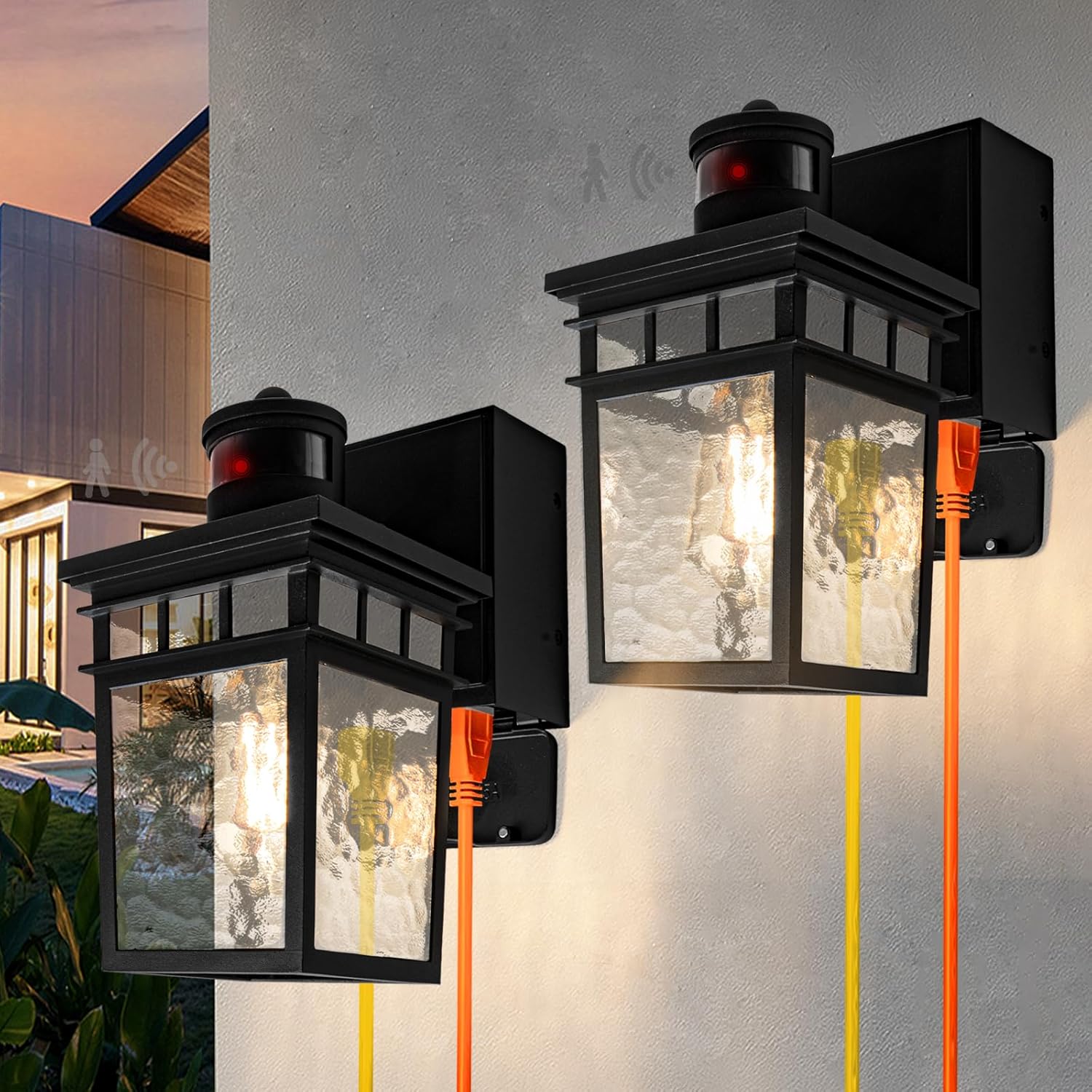 2 Pack Porch Light Outdoor with GFCI Outlet - 3 Lighting Modes Exterior Light Fixture, Dusk to Dawn Motion Sensor Wall Mount Outside Lights for House,Garage,Front Door, Patio