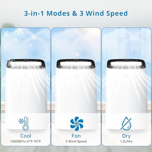14,000 BTU Portable Air Conditioner, 3-IN-1 Quiet Portable AC Unit Cools Up to 700 Sq.Ft with Remote Control, Smart/Sleep Mode, Auto Swing, 24H Timer & Installation Kits for Large Room