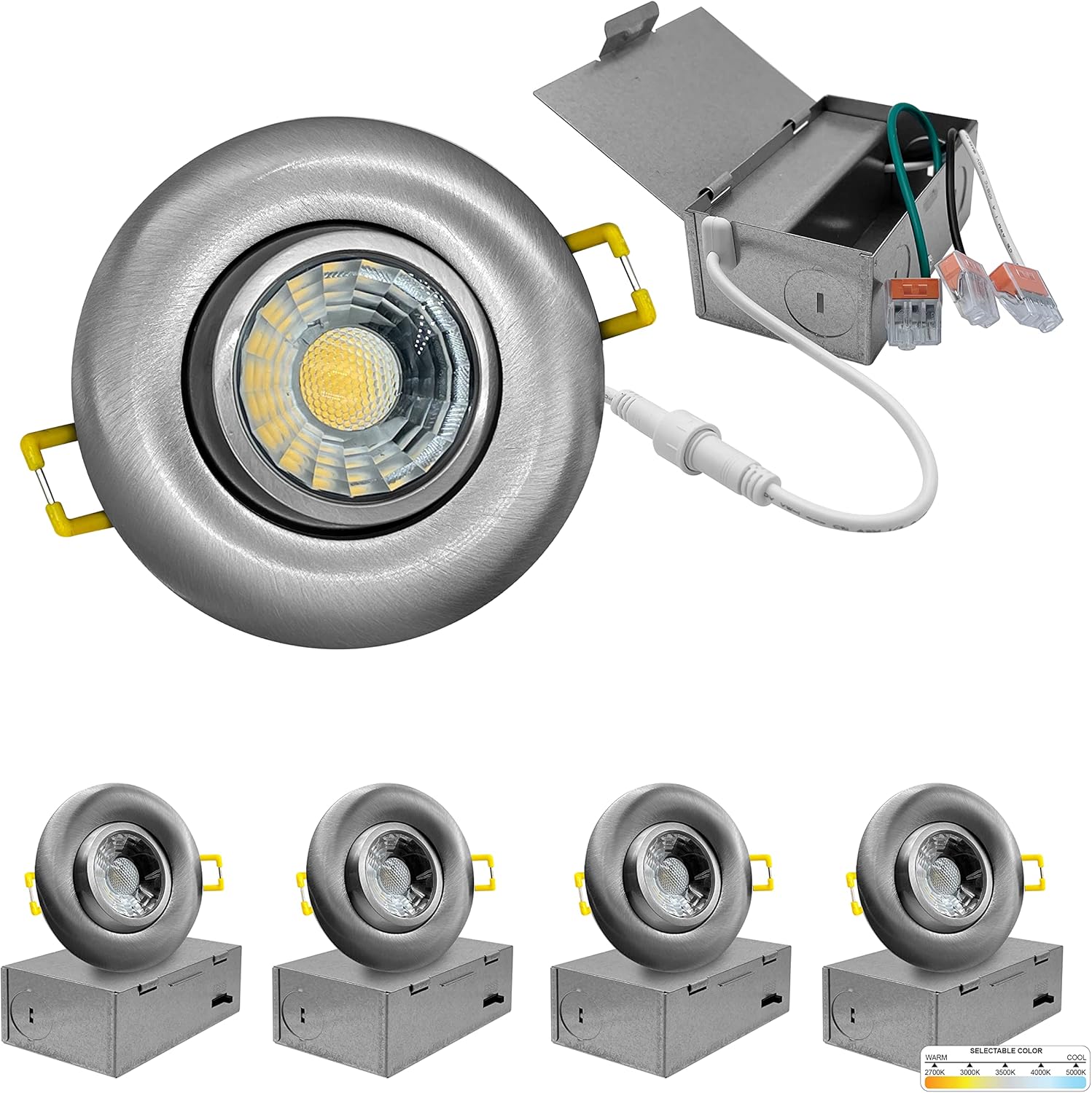 NUWATT 3 Inch LED Gimbal Recessed Downlight, 4 Pack, Canless All-in-1 LED Light with 5 CCT Color Switch 2700K - 5000K, 8W, 600 Lumens, 120V, Dimmable, Brushed Nickel