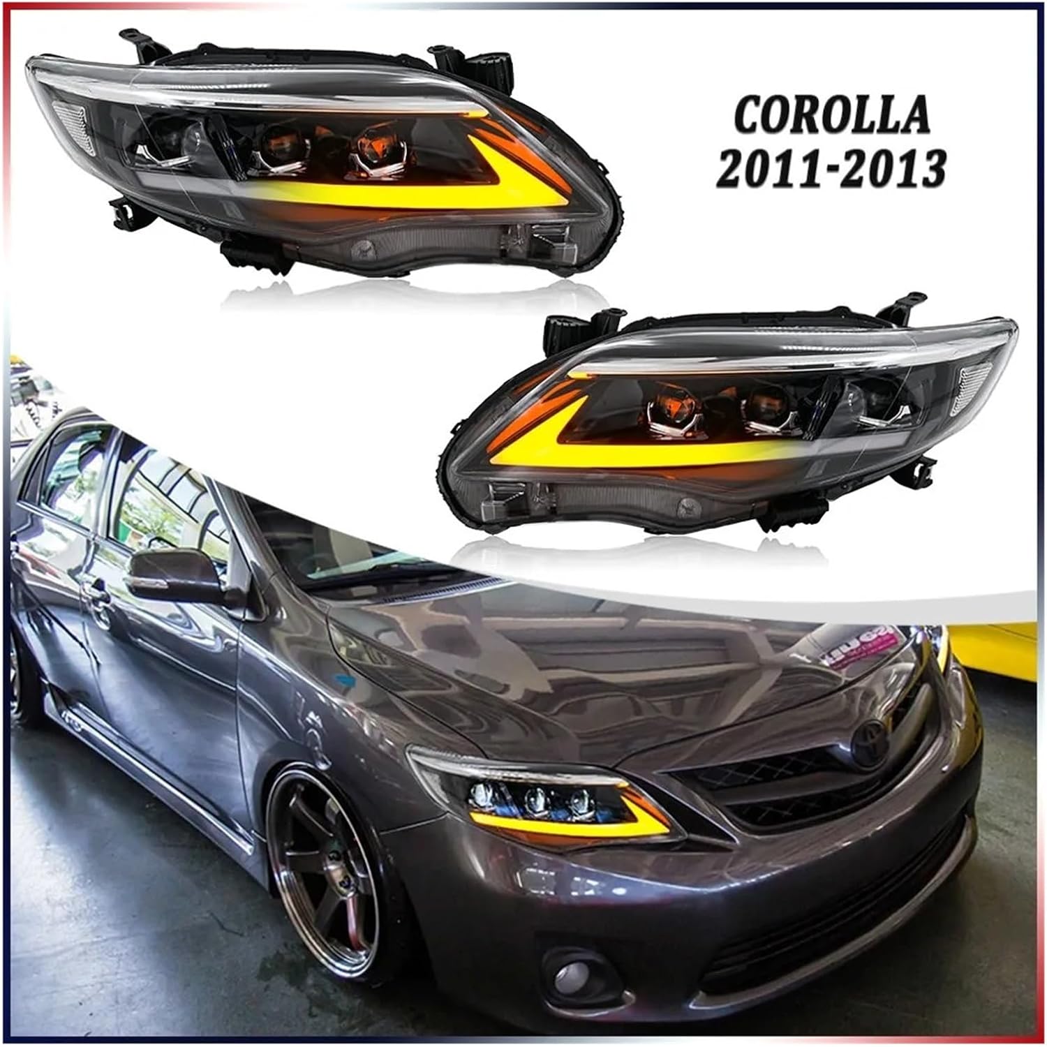 2Pcs Full LED Headlights Assembly Compatible For Toyota Corolla 4-Door 2011-2013 Turn Signal Front Head Lamps DRL Headlamp Accessories