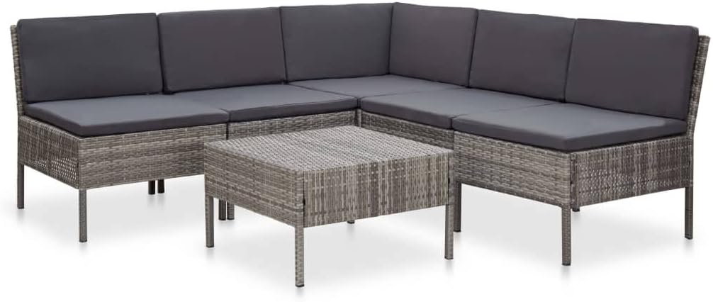 6-Piece Garden Lounge Set, Grey Poly Rattan Patio Furniture with Cushions, Outdoor Table and Chairs for Balcony, Terrace, and Deck