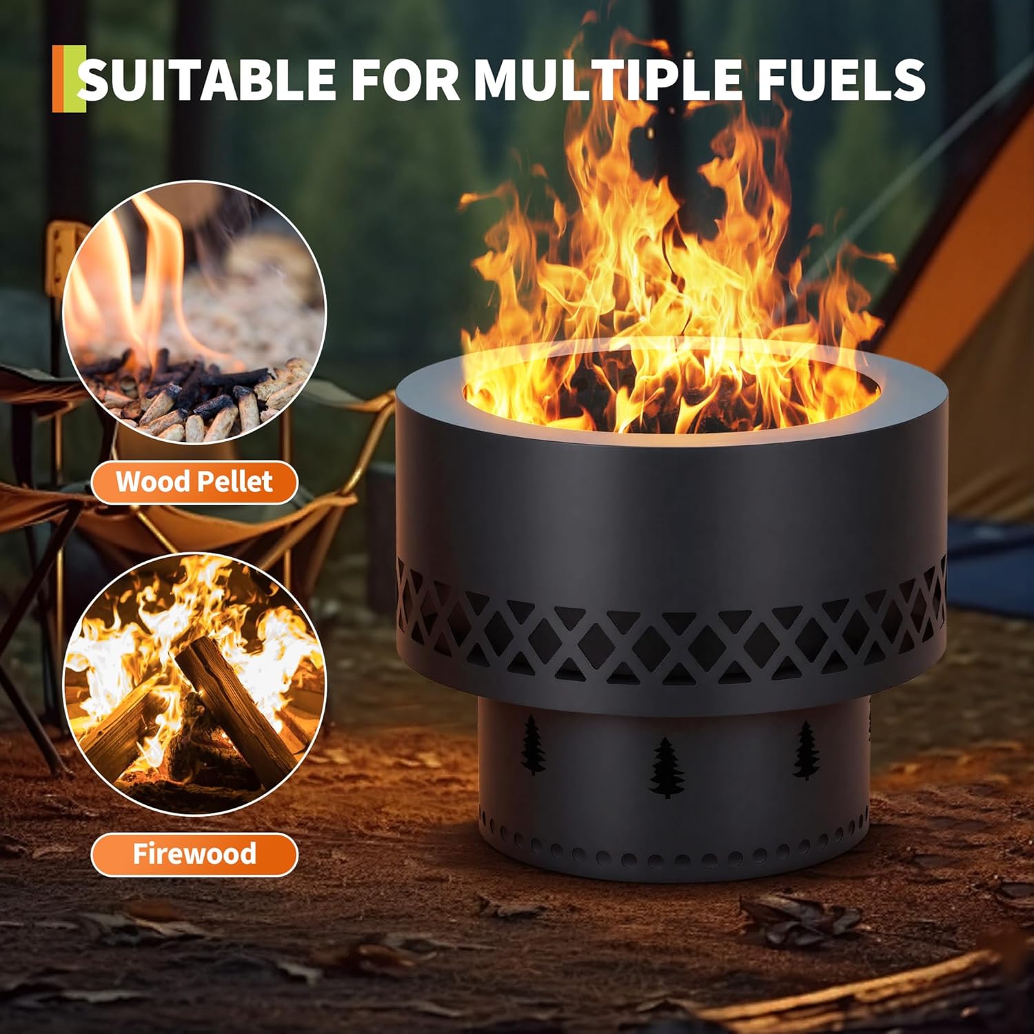 Smokeless Fire Pit 19in Wood Burning Firepit Table - Removable Ash Pan & Dust Bag Included - Outdoor Fireplace for Patio, Camping, Bonfire, Backyard BBQ