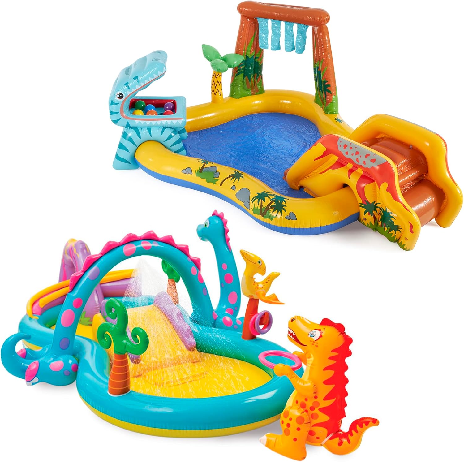 Intex Dinoland Play Center Kiddie Inflatable Pool and Dinosaur Water Splash Swimming Pool with Water Sprayers, Waterfalls, Slides, and Games