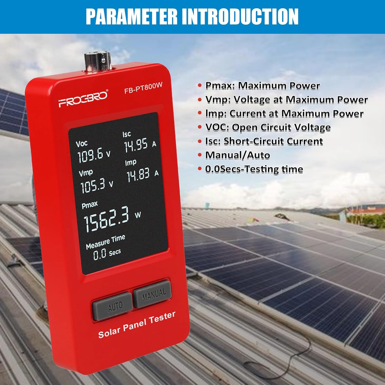 FrogBro 1800W Solar Panel Tester – PV Multimeter with Smart MPPT & HD OLED Display for Solar Panel Diagnostics and Data Analysis