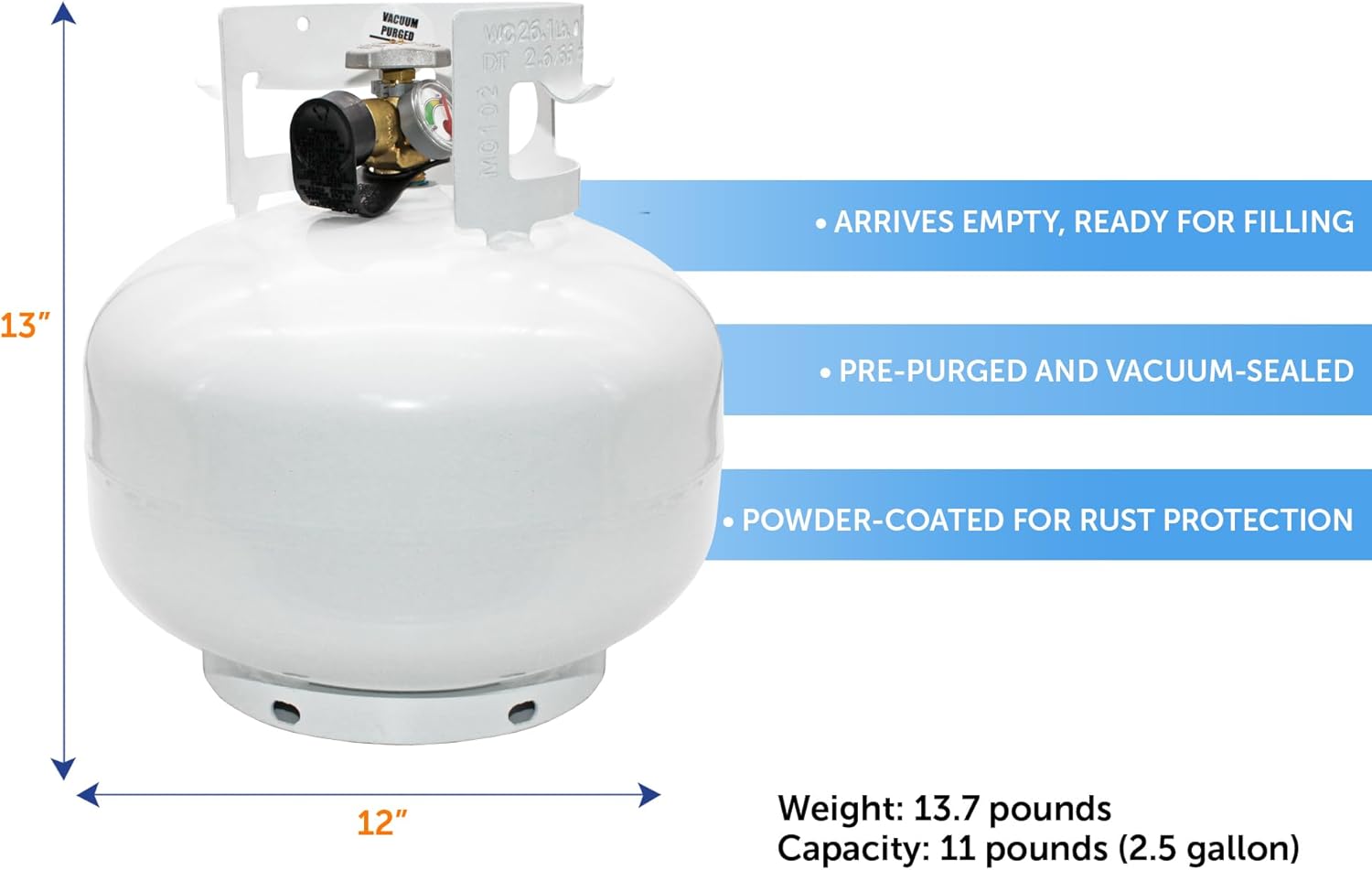 Flame King YSN11SQTa 11LB Propane Tank Cylinder Squatty with Dust Cap, Type 1 OPD Valve & Built-in Gauge, White